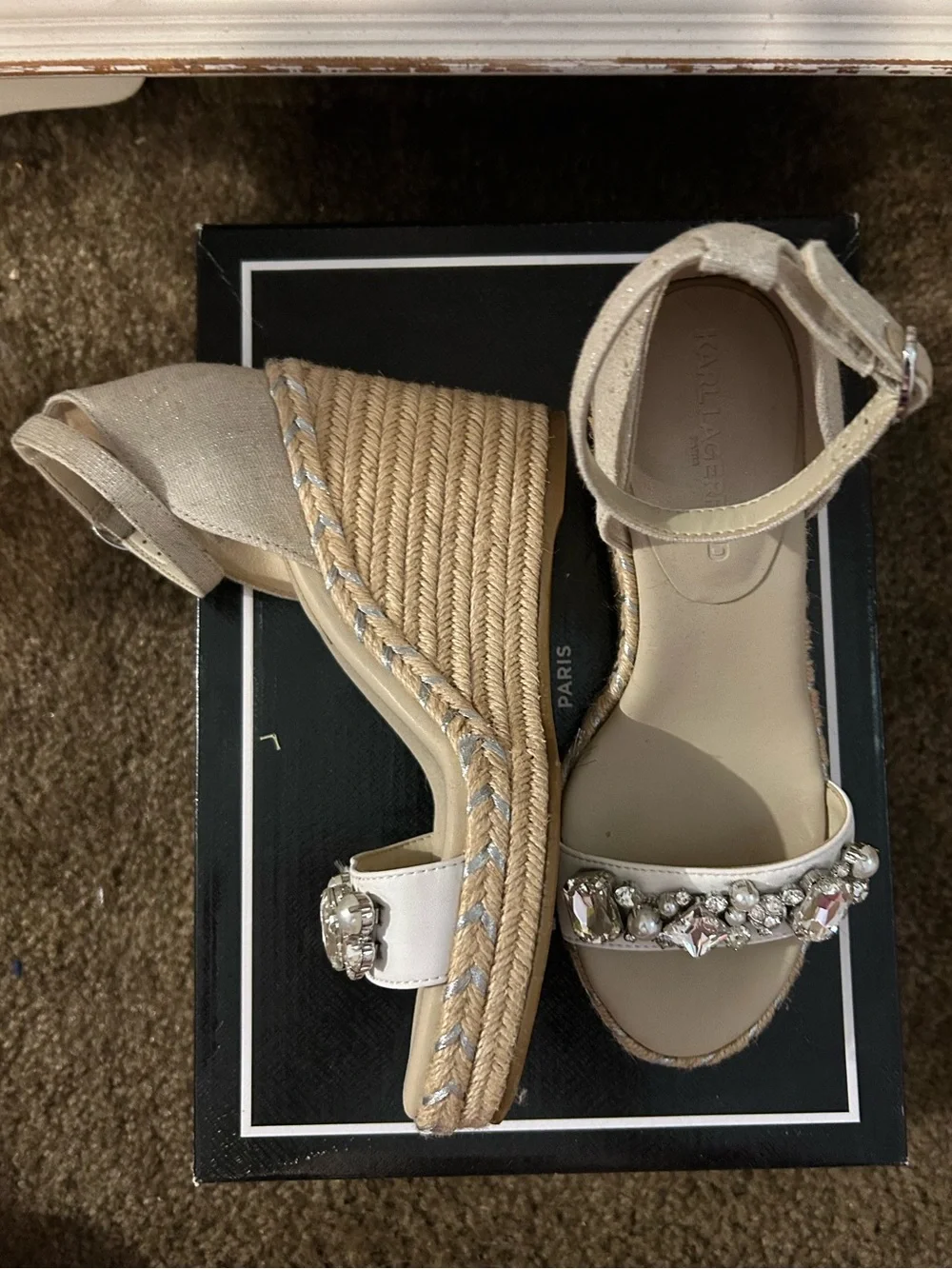 Karl Lagerfeld Ivory Crystal-Pearl Ankle-Strap Wedge Sandals